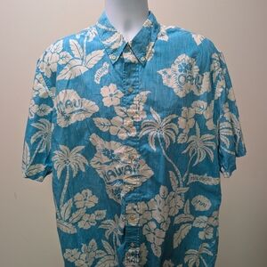 reyn spooner Turquoise and White Hawaiian Aloha Resort Shirt with Palm Print